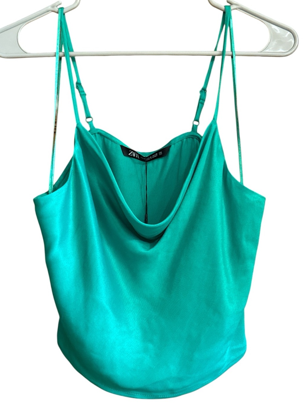 Zara Draping Satin Dainty Kelly Green Cowl-Neck Mid Waist Camisole